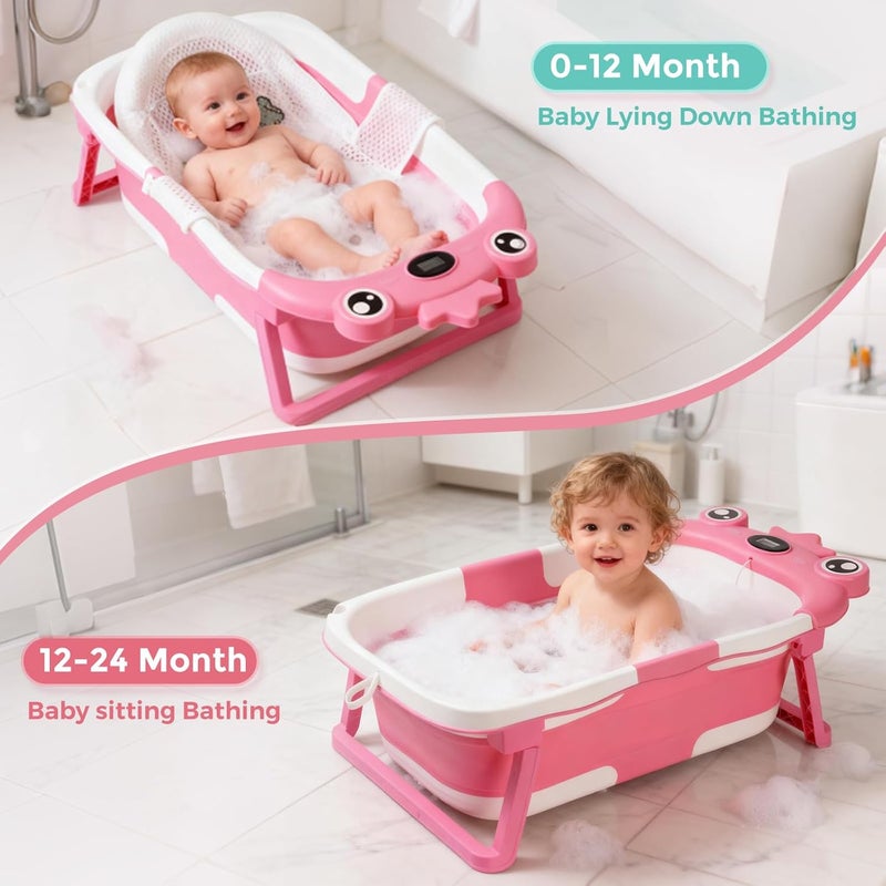 TBHAPY Baby Bathtub,Collapsible Baby Bath Tub with Soft Cushion & Thermometer, Space Saving Foldable & Travel Newborn Bathtub for Infant to Toddler 0-36 Months, Frog Pink - Image 2